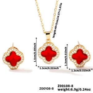 18K Gold Plated red Colorful Zircon Necklace and Stud Earrings set